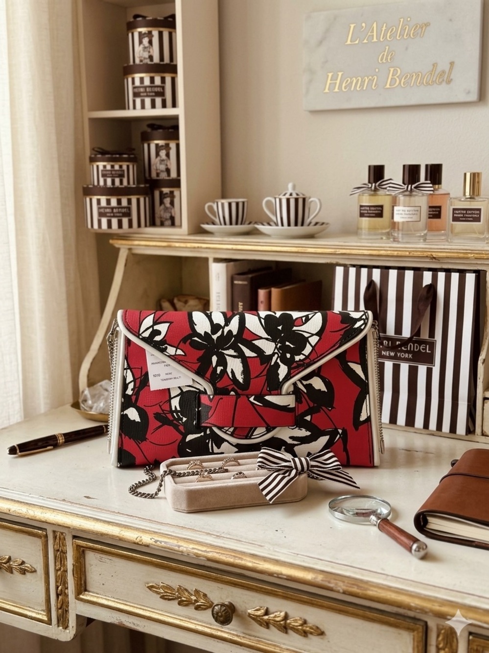 henri bendel Floral Envelope Clutch in Red, Black & White